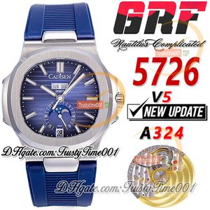 GRF V5複雑な年次カレンダー5726 A324自動メンズウォッチムーンフェーズブルーダイヤルスティックマーカースチールケースラバーストラップSSスーパーエディションTrustyTime001Watches