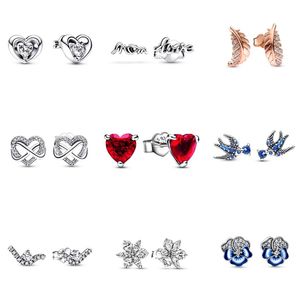 925 Sterling Silver Pandora Earrings Glittering Infinite Heart Blue Three -color Clothing Flower Decoration Women's Wedding Gift Fashion Jewelry