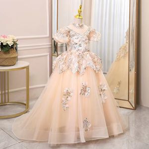 Champagne Ball Gown Flower Girl Dresses Princess Lace Appliques sequined Jewel Neck Toddler Birthday Party Gowns beaded girl pageant First holy Communion Gowns