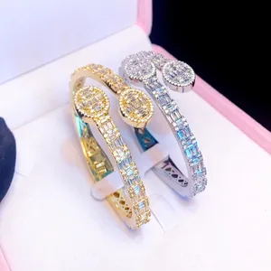 Mode Sparking CZ Custom Opened Oval Charm Bangle Armband Iced Out Silver Gold Color Luxury Smyck för kvinnor Män grossist