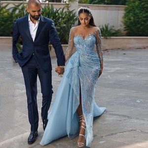 Sky blue Sequin Beaded Evening Dresses Arabic Dubai Luxury Gillter Beading Side Slit Organza long sleeve Prom Dress gowns