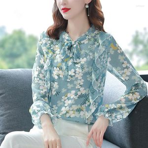 Blouses feminina Chiffon Floral Sleeved Camisa de manga longa feminina 2023 Redonda Moda de pescoço Top Mulher All-Match Blouse fêmea feminina