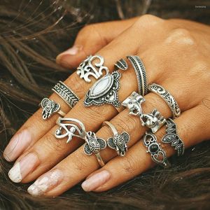 Bröllopsringar midi -ring sets antik silverfärg elefant blomma blad ögon kristall knog för kvinnor finger smycken tillbehör 11 st