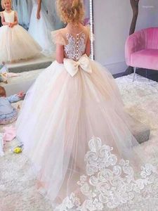 Flickklänningar spetsar ärmlös rrain leng blommor flickor prinsessan klänning barn fest tävling bröllop brudtären tutu boll klänning båge vit