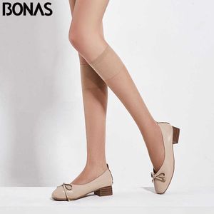 5 calzini per PC Calze BONAS 4 paia di calze da donna 20D gamba inferiore al ginocchio calza femminile trasparente sottile lunga e solida calza da donna in poliestere Z0419