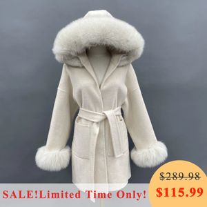 Women's Wool Blends Missjanefur Coat med riktig päls krage manschettkvinnor 2023 mode bälte kashmirrockar varma vinter huva trench peacoat 231118
