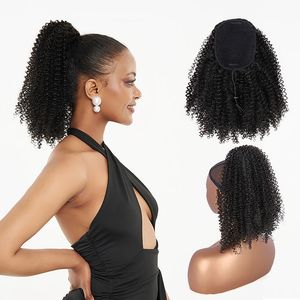 Kordelzug-Pferdeschwanz, kurze, lockige Pferdeschwänze für schwarze Frauen, 35,6 cm lange synthetische Haarteile, Clip-in-Afro-Locken-Pferdeschwanzverlängerung