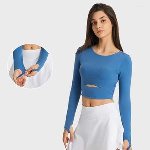 Aktiva skjortor med logotyp Women Gym Yoga inbyggd BH Långärmning Tee Sexig naken Sports Tank Crop Tops Fitness Bluses Sportkläder
