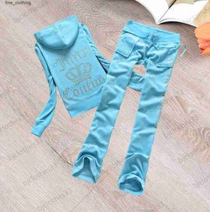 23ess Juicy Tracksuit Brand Womens Two Piece Pants Back Hot Drill Letter Decoration Regular Hooded Tops Side Printing Loose Straight Trouser s