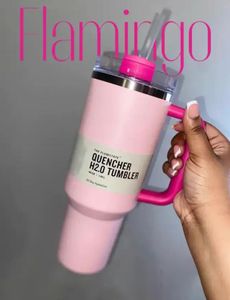 DHL Pink Flamingo 1:1 40oz H2.0 Stainless Steel Tumblers Cups with Silicone Handle Lid and Straw Big Capacity Car Mugs Vacuum Insulated Water Bottles 1116