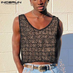 Herrtankstoppar incerun 2023 American Style Men's Hollow Out Waistcoat Breattable Mesh Crochet See-Though Short Sleeveless Vests S-5XL