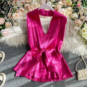 Kobiety bluzki damskie 2023 Letnie kobiety satynowa jedwabna bluzka elegancka bandaż kokardka marszczenie panie żeńskie biuro Backless Office plus size blusas