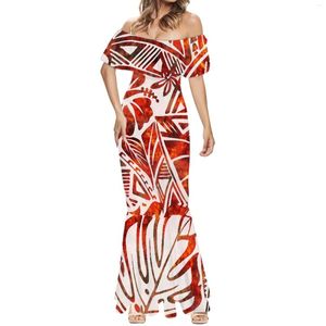 Casual Dresses Hawaiian Palm Tree Samoan Tribal Style Print Off-The-Shoulder Short Sleeve Fishtail Dress Women Leisure Summer Shopping Trip