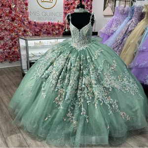 Mint Green Shiny Quinceanera Dresses Flower Sweet Birthday Party Glows Girl Vestidos de 15 Anos 2024