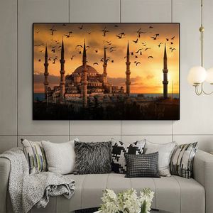 建物の壁アートポスターイスラム教徒モスクサンセットキャンバス絵画ポスターイスラムアートリアルな風景ホームデコレーションクアドロス
