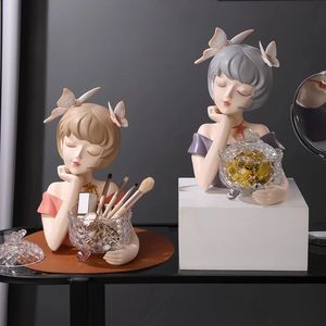 Decorative Objects Figurines Cute Girl Resin Art Statue Glass Candy Jar Cosmetic Key Storage Decoration Living Room Tabletop Bedroom TV Cabinet Decoration 231117