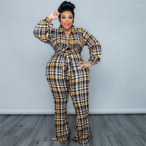 Nya byxor plus storlek kvinnorkläder Autumn Fashion Casual Puff Sleeves Plaid Printing Lapel Ladies Jumpsuit XL-5XL Overdimensionerad