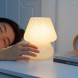 Table Lamps Glass LED Desk Lamp For Bedroom Bedside Korean Ins Style Striped Mushroom Decor Cute Translucent Ring