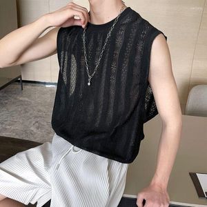 Bluzy męskie czarne koronki puste oddychające letnia moda bez rękawów o szyi mężczyźni bluzy koreańskie kamizelki zwykłe