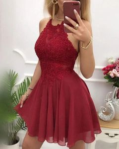 Halter Lace Chiffon Curto Homecoming Vestidos Princesa Apliques Cristais Mini Cocktail Ocasião Formal Aniversário Graudation Cocktail Prom Party Vestidos HD1005