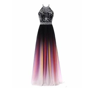 Halter Beading Chiffon Formal Res Black Prom Dress Gradient Color Elegant Pageant A Line Prom Party Dresses klänning