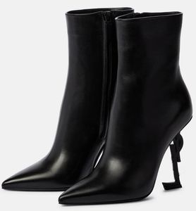 2024 Luxury Winter Ankel Boot Shoes Opyum Booties Woman High Heels Women Autumn Calf Leather Pointed Toe Black White Woman Luxury Brands Boots With Box