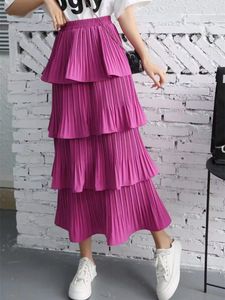 Skirts Spring Summer Women High Waist Slim Long Skirt Korean Sweet Solid Color Multi-layer Pleated Hem Cake Skirt 7 Colors 230419