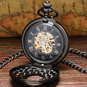 Orologi da taschino Vintage Luxury Black Metal Orologio meccanico Steampunk Pin Chain Uomo Donna Orologio con pendente Regalo con borsa