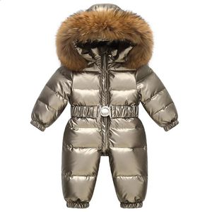 Rusya Kış Kids Snowsuit parlak altın gümüş açık ördek aşağı büyük kürk yakalı dış giyim bebek genel tulum 231118