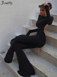 Damen Jumpsuits Strampler JuSaHy Summer Y2K Solid Black Basic Bodysuit für Damen Fashion Long Sleeves Halfter Backless Flare Pants Simple Casual Streetwear P230419