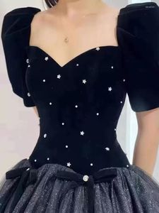 Party Dresses Elegant Black Ball Gown Prom Dress Sweetheart Short Sleeves Lace-up Back Velvet With Tulle Organza