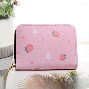 Plånböcker kvinnor koreanska mode korta plånböcker söta tryck tecknad jordgubbsbjörn läder mynt handväska damkorthållare handväskor