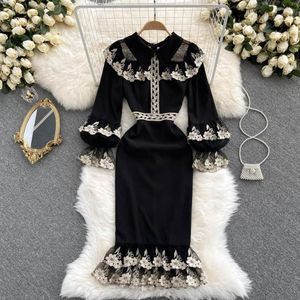 Casual Dresses Wtianyuw Lace Patchwork Vestidos Black Mid Vintage Pencil Sheath Dress Office Lady Party OL Simple Series