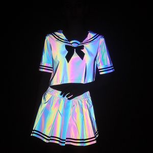 Dwuczęściowa sukienka kolorowa refleksyjna seksowna koszula kobiety plisowana spódnica zestaw Kawaii Bluzka Faldas School Sailor Suit 230419