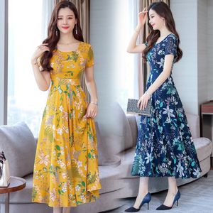 Sukienki swobodne Summer Koreańska sukienka damska swobodny temperament z krótkim rękawem duży żółty czerwony kwiat okrągły szyję sukienka 230419
