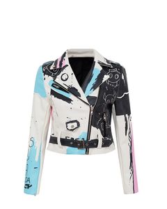 Women's Pu Leather Jackets Graffiti Floral Letter Skull Print Punk Motorcycle Biker Zip Rivet Chains Waist Woman's Coats Contrast Color Outerwear 28820