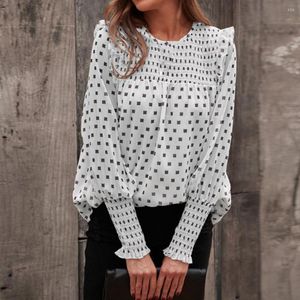 Women's Polos Women Blouses And Shirt Long Sleeve O Neck Ruffle Tops Autumn Loose Dot Printed Lady Office Wear Fashion Chiffon