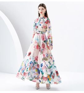 Abiti casual di base Abito lungo da donna di alta qualità primaverile Fashion Runway Holiday con cintura a maniche lunghe con bottoni stampati a fiori Abiti da festa 2024