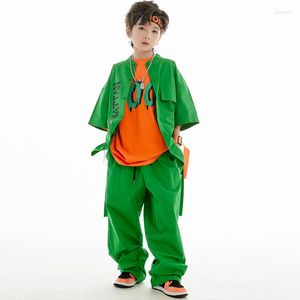 Stage Wear 2023 Bambini Sala da ballo Hip Hop Costumi di danza per bambini Top larghi verdi Pantaloni Hiphop Streetwear Ragazzi Vestiti jazz DN15126