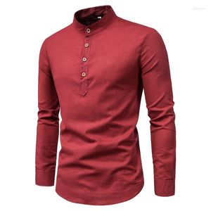 Men's Dress Shirts Autumn Winter Men's Cotton Linen Shirt Casual Stand Collar Long Sleeve Bottoming For Men