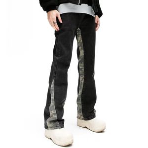 Serin tasarım kamuflaj patchwork düz erkek kot pantolon y2k kıyafetler hip hop yıkanmış siyah gündelik uzun pantolon ropa hombre