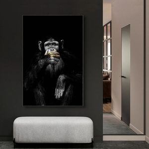 Abstraktes schwarzes 3 lustiges Affen-Ölgemälde, Wandkunst, gedrucktes Bild, Wohnzimmer, Hotel, Heimdekoration