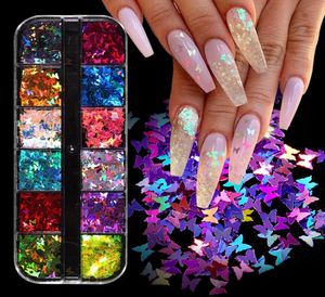 1 Box12 Grids Mixed Nail Art Deco Butterfly Patch Symphony Star Butterfly Fluorescent DIY Nail Art Decoration Sequins3770111