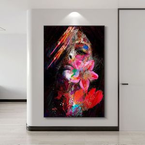 Canvas Painting Abstract Women With Flower Graffiti Art Posters And Prints Wall Art Pictures For Living Room Home Decoration