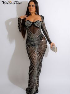 Casual Dresses Kricesseen Sexy Mesh Crystal Patchwork Maxi Dress Gown Luxury Women Sheer Diamonds Party Dress BodyCon Night Clubwear 230418