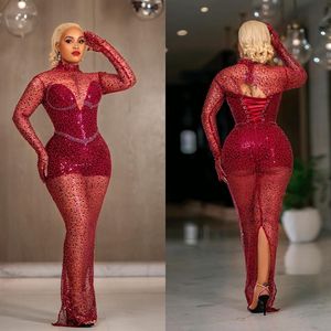 2023 Plus Size Aso Ebi Prom Dresses Mermaid See من خلال Sexy Long Sleeves Sequines High Neck Back Back Pageant Party For Women Evening Dont