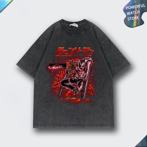 Men's T Shirts Anime Chainsaw Man T shirt Power Washed Cotton Tshirt Streetwear Retro 2023 Summer Short Sleeve Oversize Y2k Tops Tees Harajuku 230419