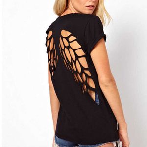 Damen T-Shirt Angel Wings T-Shirt aushöhlen Damen Camiseta Feminina Tunika Rückenausschnitt Crop Tops Laser Cut O-Neck Kurzes T-Shirt Tops T-Shirt P230328