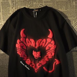 Kvinnors tshirt Pure Cotton American Retro Foam Devil Love Print Kortärmad tshirt Män och kvinnor Trendiga märke Ins Par Half Shirt 230419