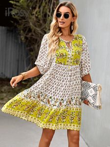 Casual klänningar eleganta och eleganta fasta mönsterdesigner Short Lanten Sleeve Bohemian Dress for Women Summer Voles Home Viscose Dresses Clothing 230419